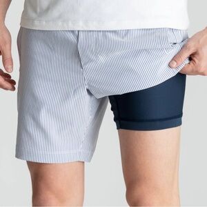 Birddogs Mens gym shorts in seersucker blue white stripe print lined shorts XXL